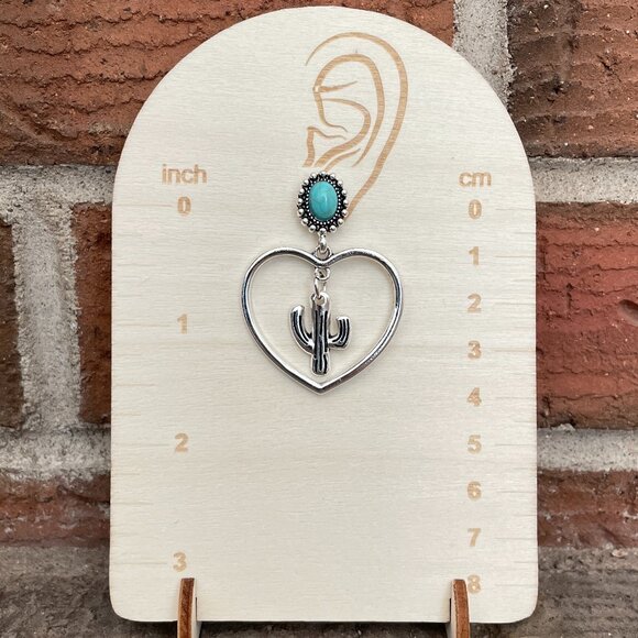 Saguaro Cactus Heart Earrings with Turquoise - Picture 2 of 2
